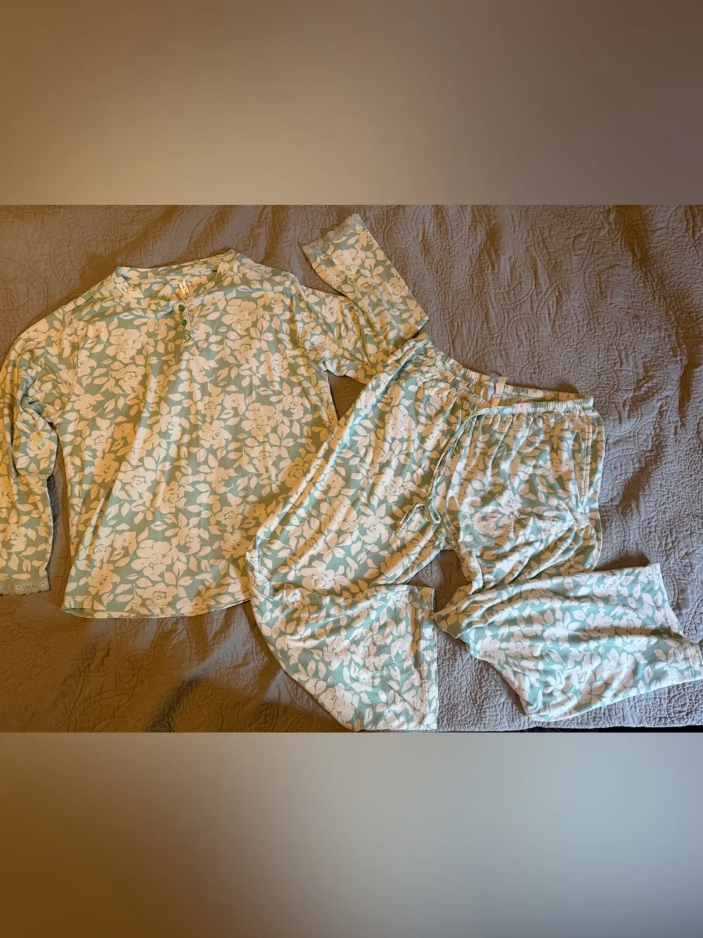 Flora Nikrooz Floral Mint Green Pajama Set- lace trimmed Long Sleeve Top & Pants
